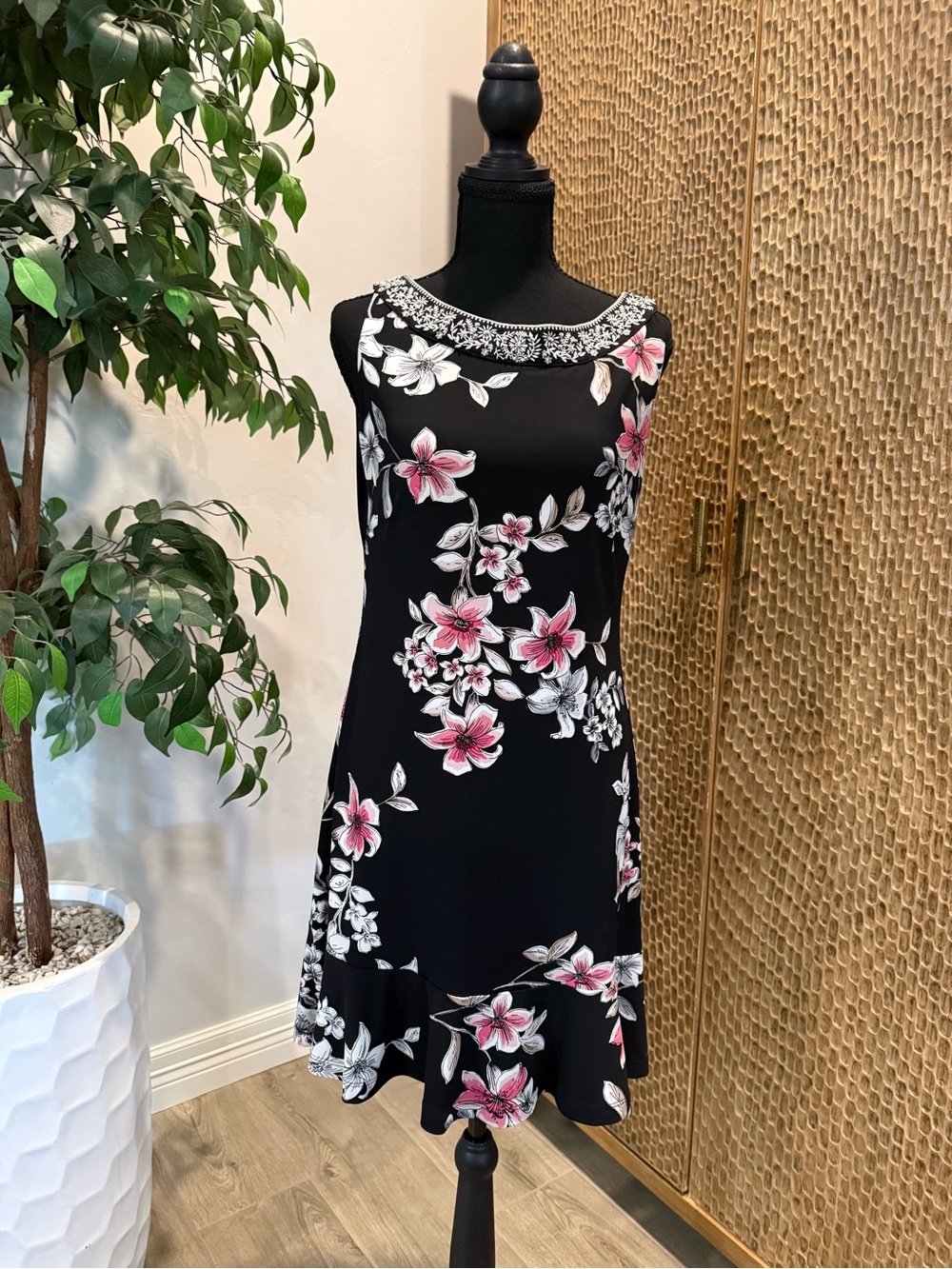 White House/ Black Market,  Floral Sleeveless A-Line Dress with Beaded Neckline